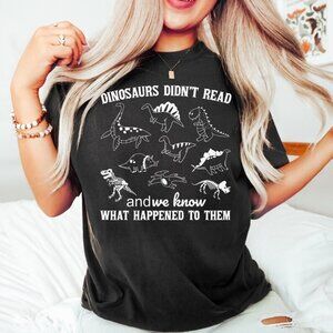 Funny Dinosaur Reading Shirt, Bookworm Dino Graphic Tee